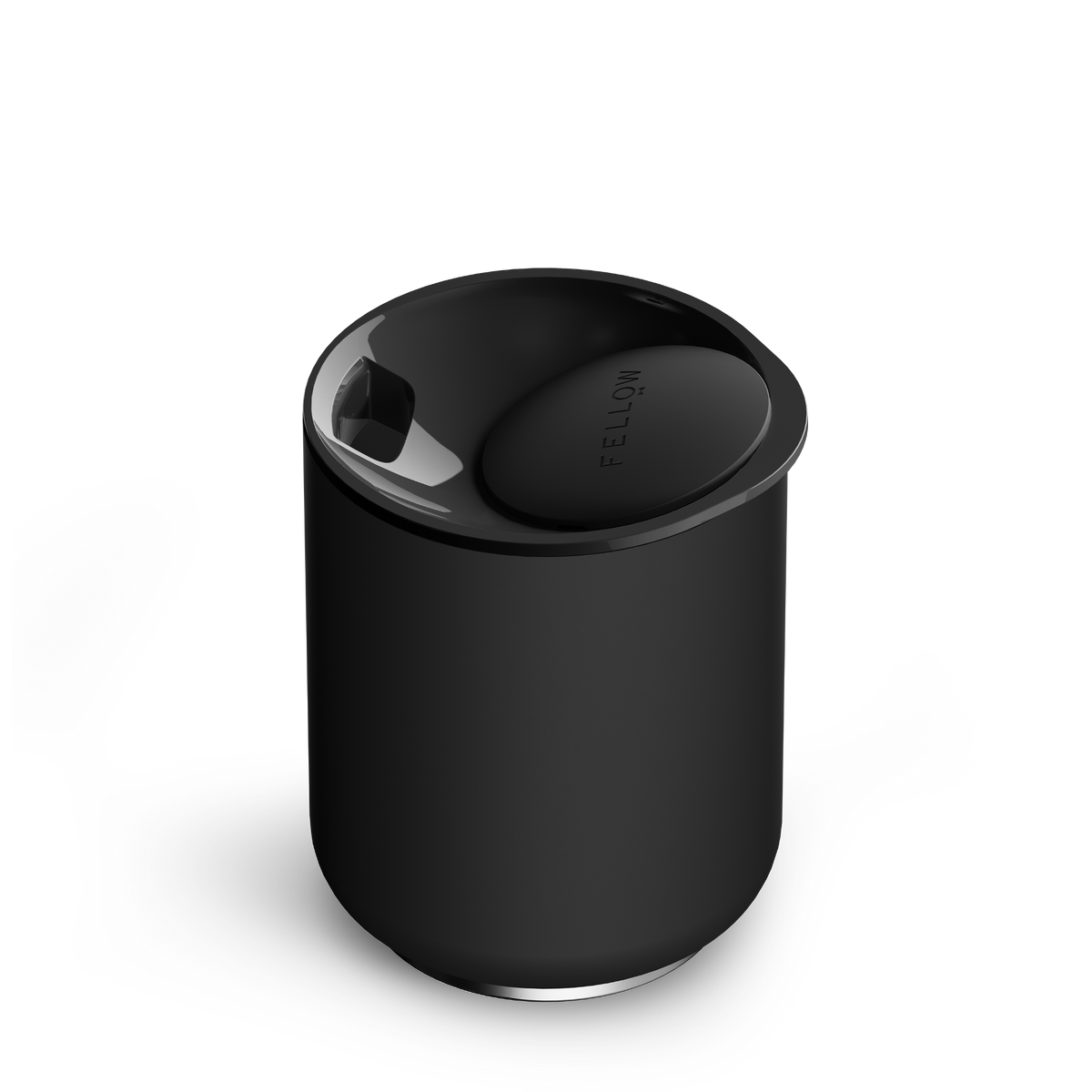 Black tumbler with a lid on a white background