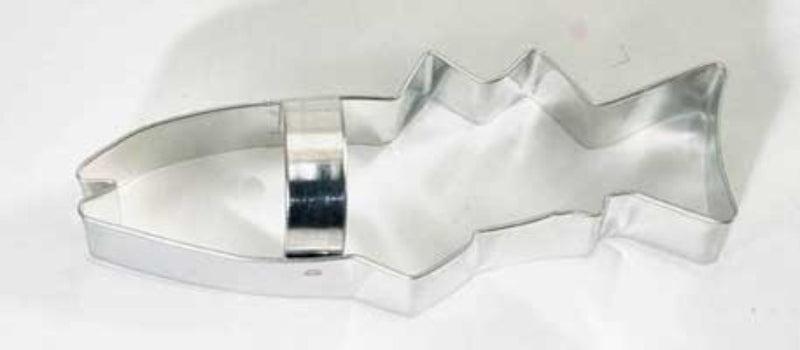 A silver metal fish-shaped cookie cutter on a plain white background.
