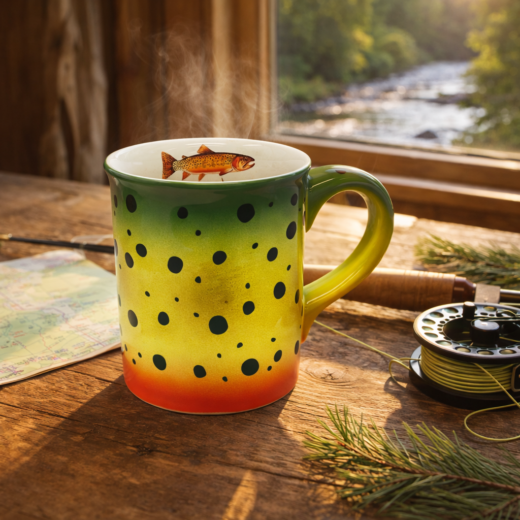 Colorful mug with fish design on a wooden table by a window with a view of nature.