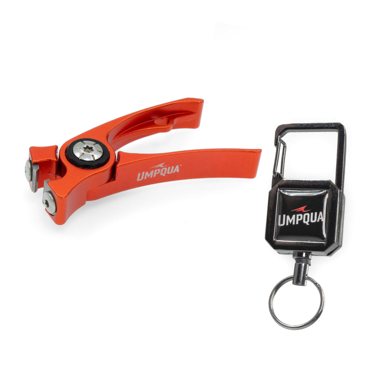 Orange Umpqua brand tool and black keychain with Umpqua branding on a white background