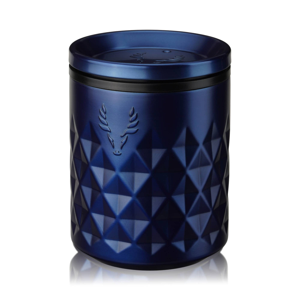 Blue textured container with geometric pattern on a white background