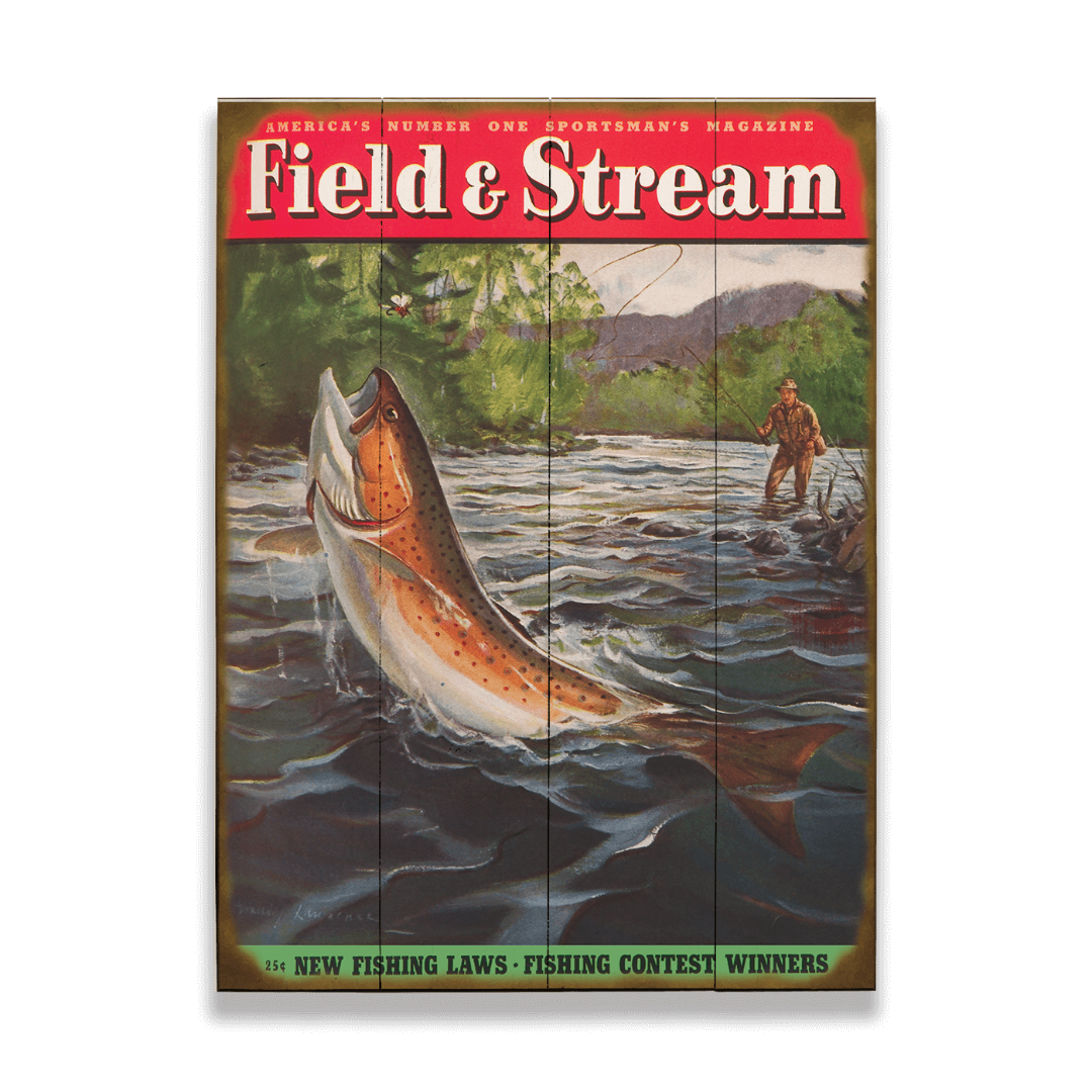 Magazine cover of 'Field & Stream' with a fish and a hunter on a wooden background