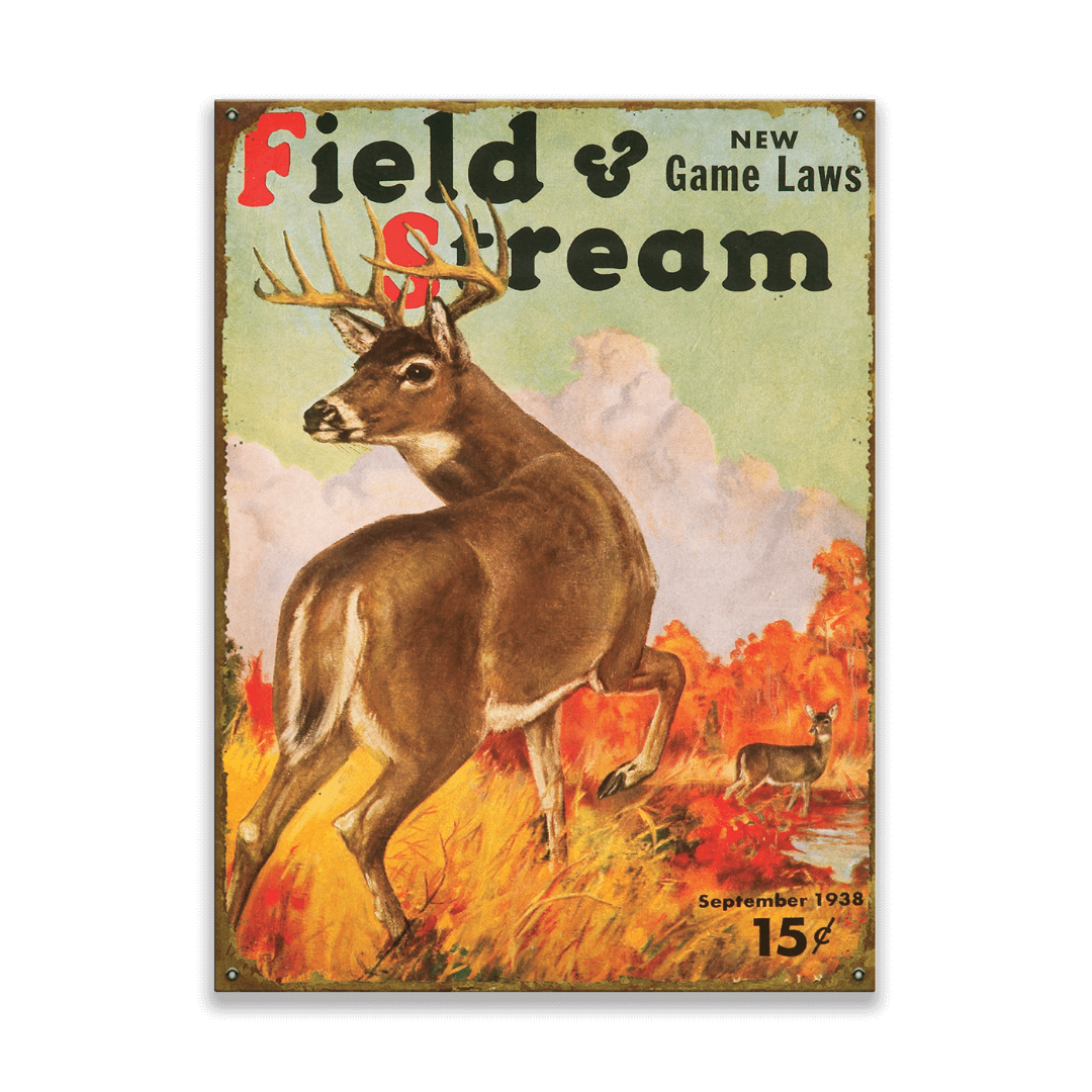 Vintage 'Field & Stream' magazine cover with a deer illustration on a black background