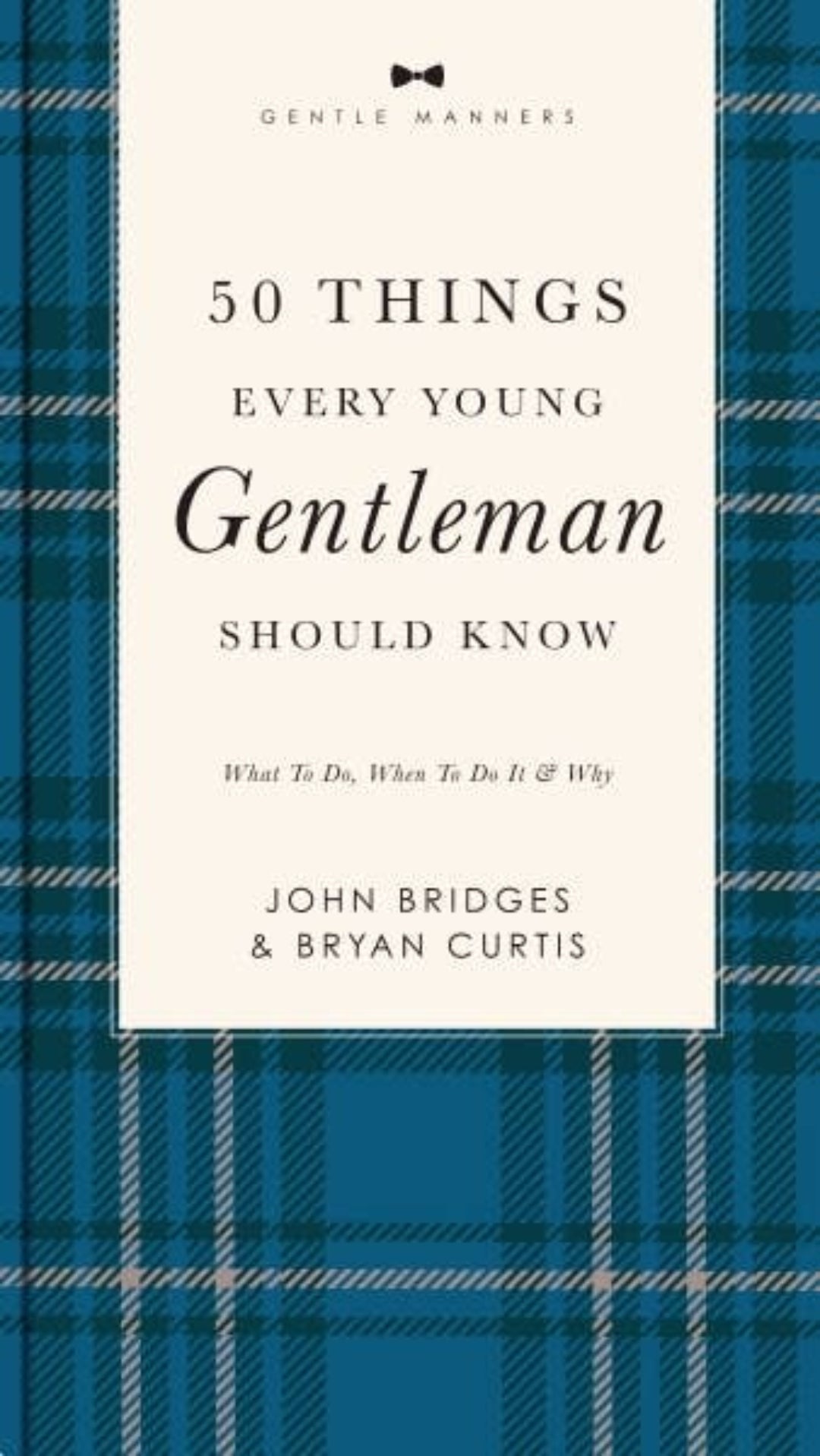 Book cover of '50 Things Every Young Gentleman Should Know' with a blue plaid pattern