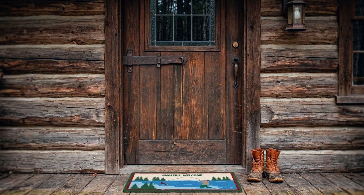 Wooden door of a log cabin with a doormat and boots in front