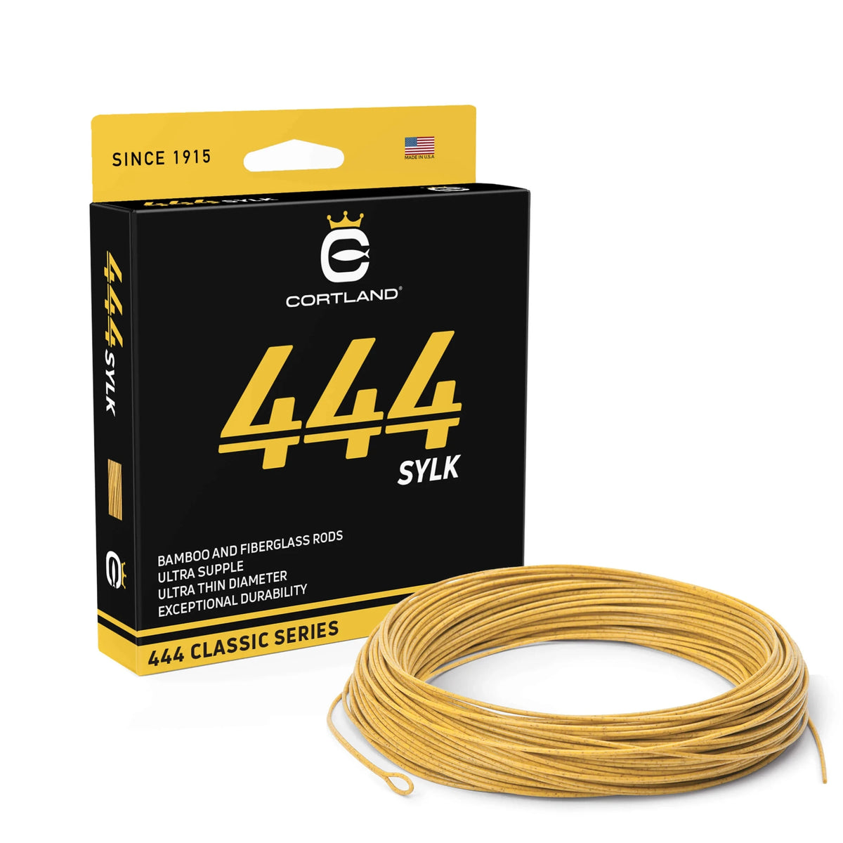 Cortland 444 Sylk fly fishing line packaging with yellow line on a white background