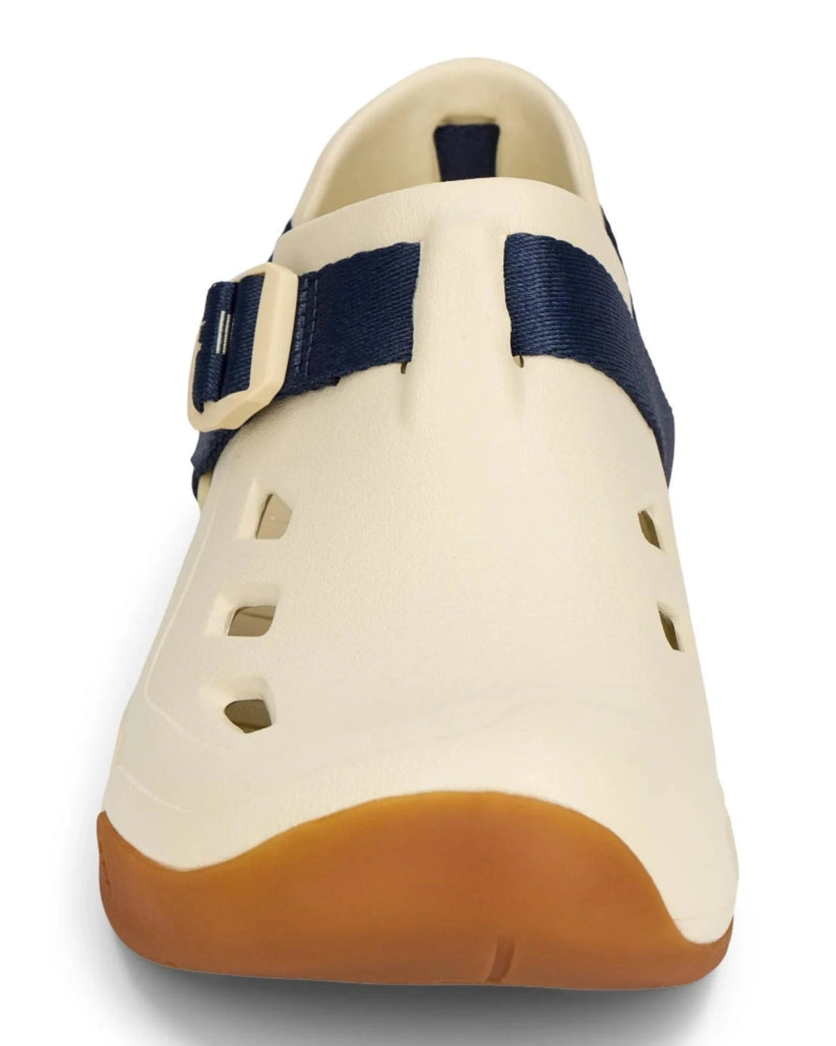 Beige sandal with brown sole and navy strap on a white background