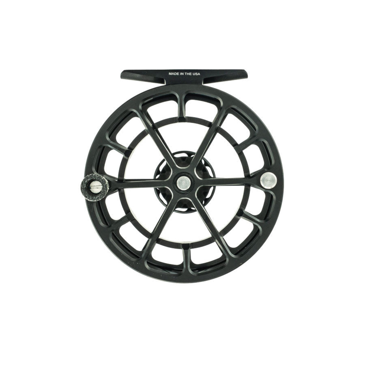 Black fly fishing reel on a white background