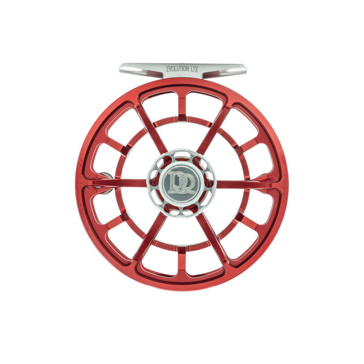 Red fly fishing reel with a silver brand logo on a white background