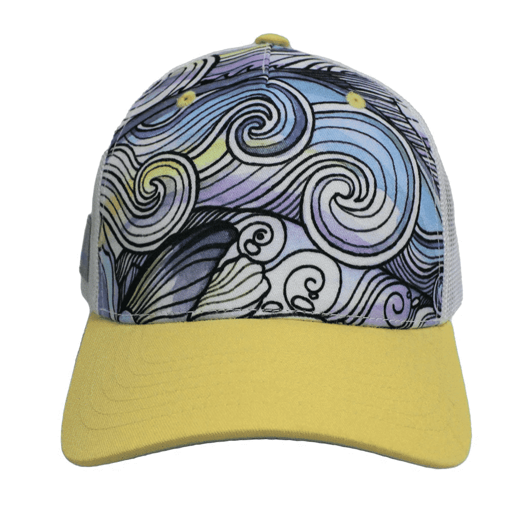 A trucker-style baseball cap featuring a yellow brim and a front panel with a swirling abstract wave pattern in shades of blue, purple, black, and white. The back of the cap has light gray mesh panels.