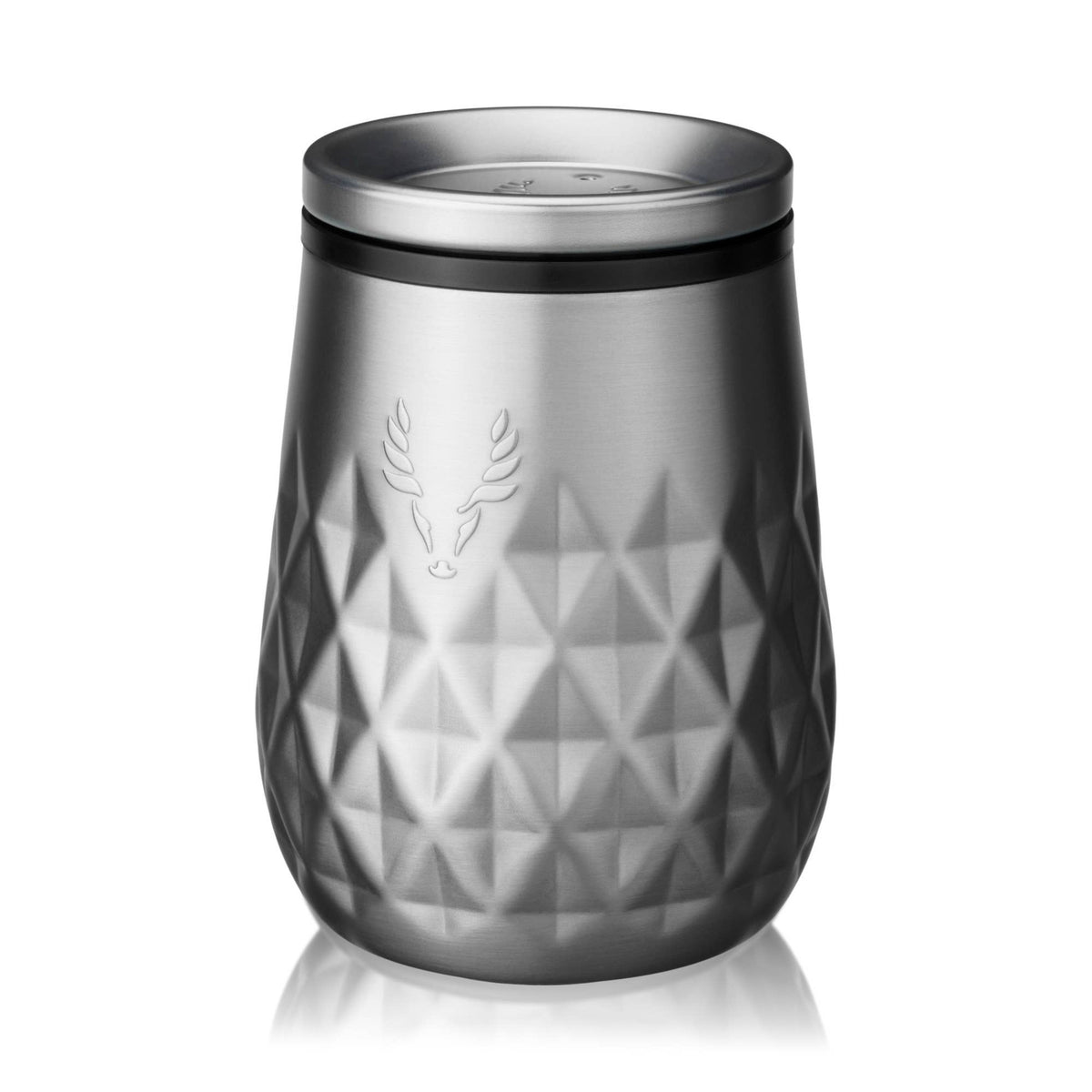 Silver geometric-patterned tumbler with a lid on a white background