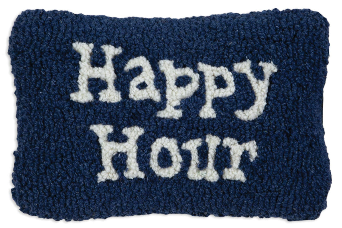 Navy blue pillow with 'Happy Hour' text in white on a white background