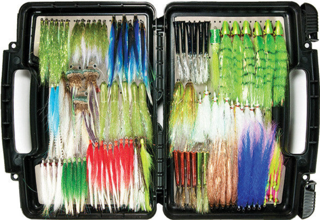Set of colorful fishing lures in a black case