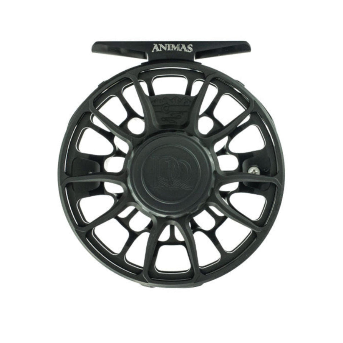 Black fly fishing reel with 'Animas' branding on a white background
