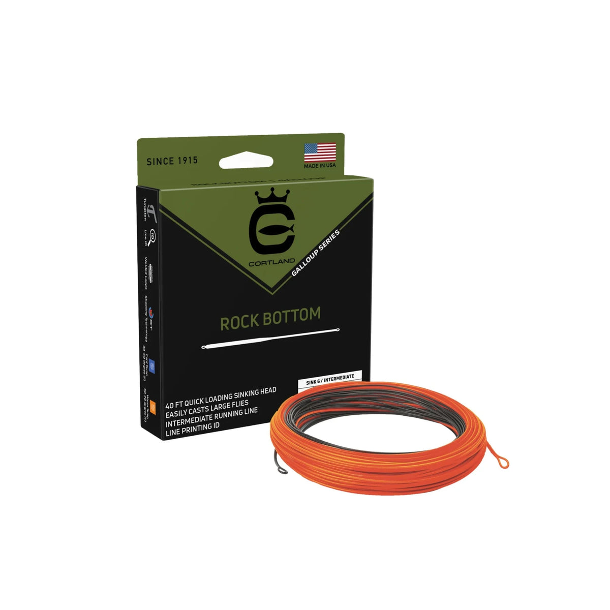 Cortland Rock Bottom fly fishing line packaging with orange line on a white background