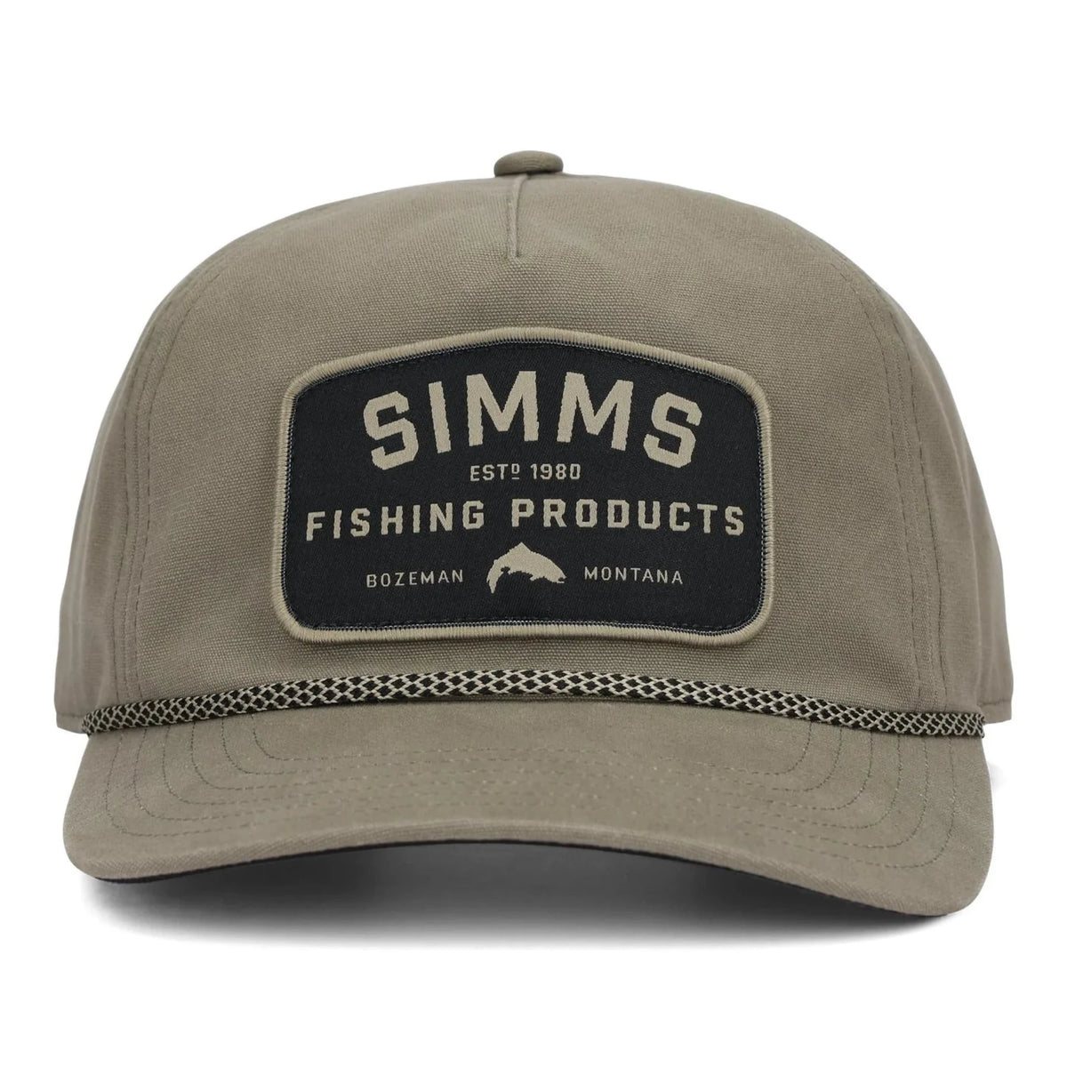 Khaki cap with Simms Fishing Products logo on a white background