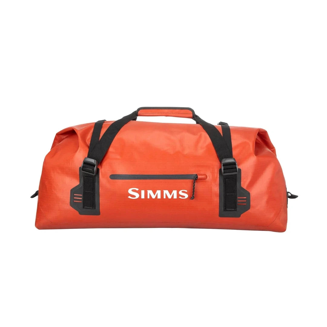 Orange duffel bag with black straps and 'Simms' branding on a white background