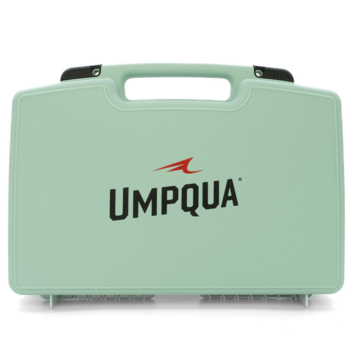 Light green fishing tackle box with Umpqua logo on a white background
