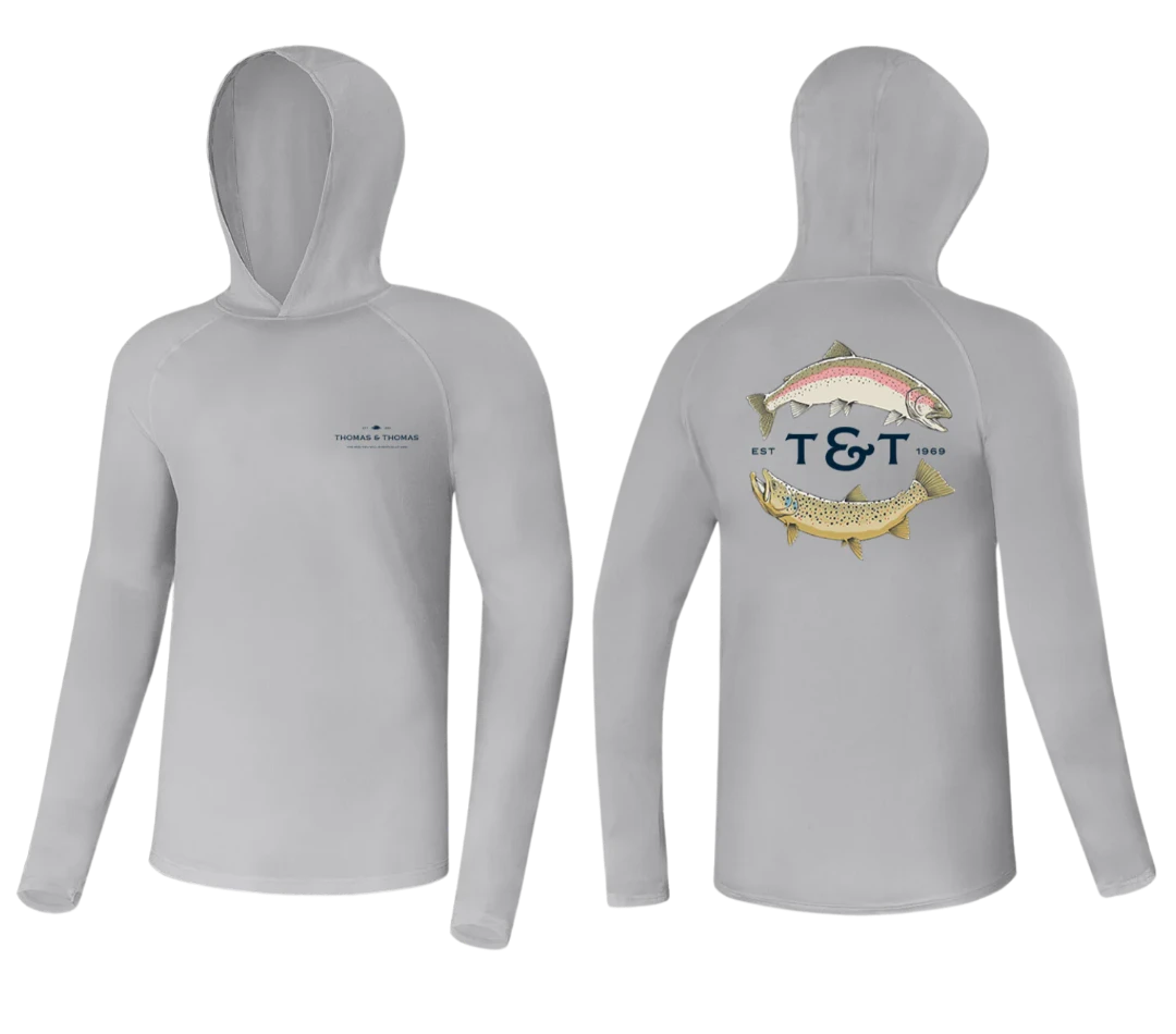 Gray hoodie with front and back designs on a white background