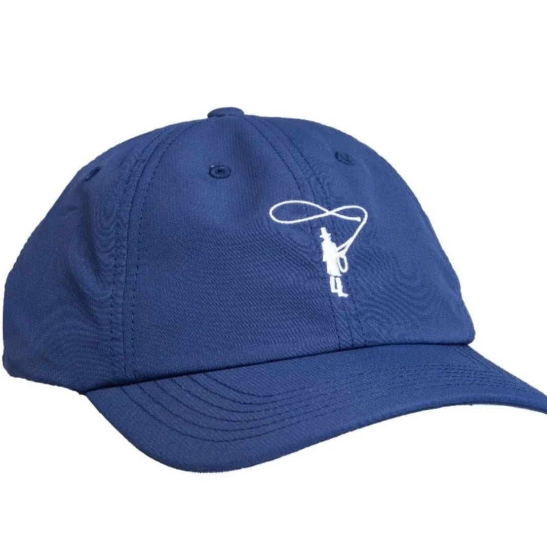 Blue cap with white logo on a white background