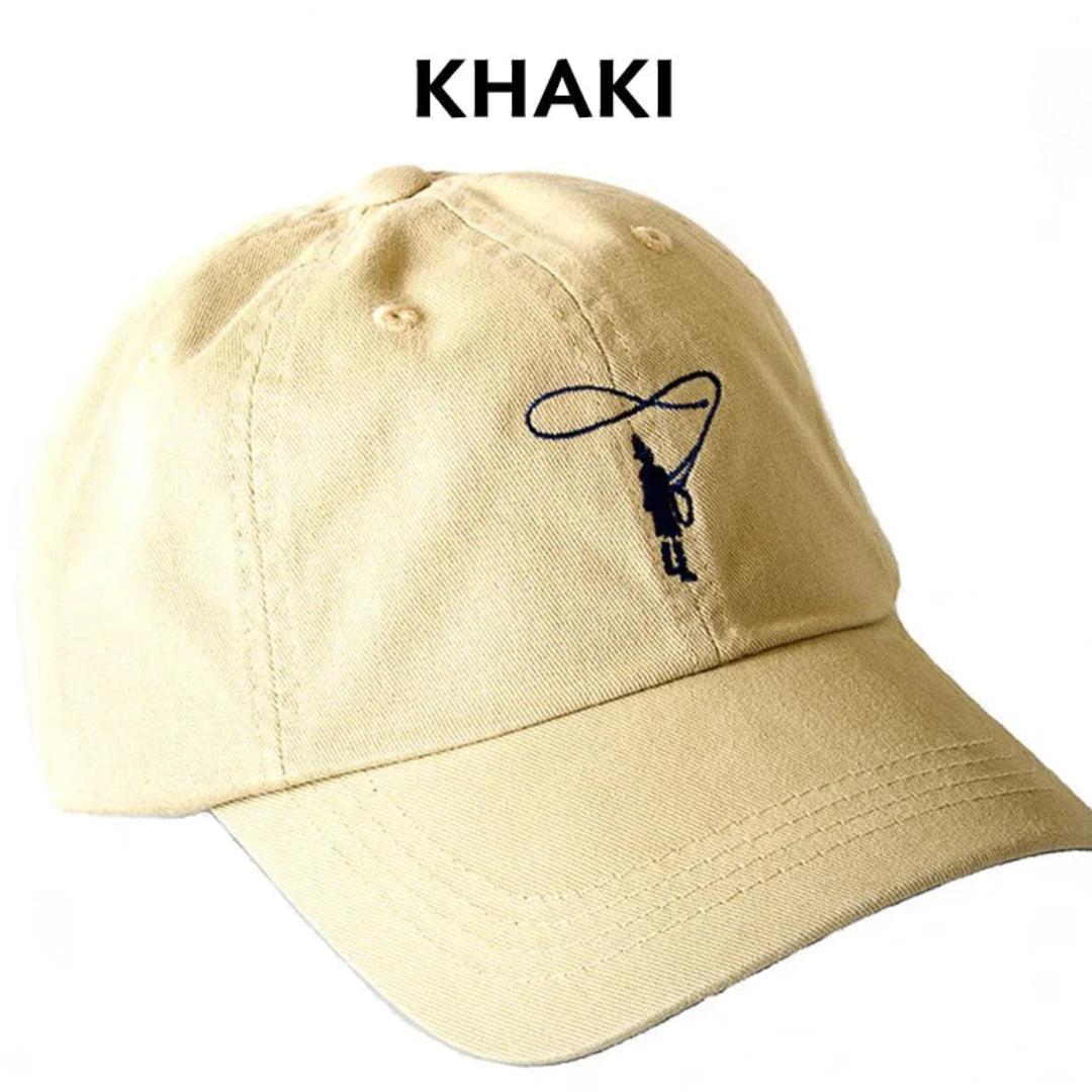 Khaki cap with a small embroidered design on a white background