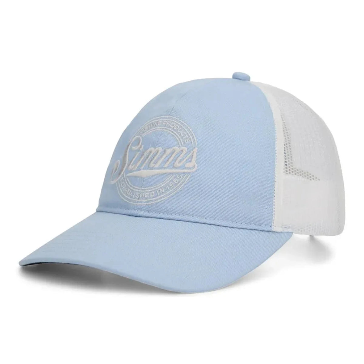 A light blue and white trucker hat with a curved brim, featuring a light blue front panel with a white embroidered circular logo that reads 'Summ' and 'Summer Entertainment Co.' on the side, and white mesh back panels.