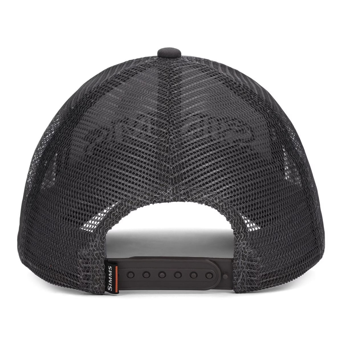 Black trucker-style mesh cap shown from the back, featuring a black adjustable snapback strap and a black button on top, photographed against a plain white background.
