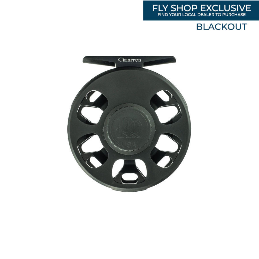 Black fishing reel with 'Cimmaron' branding on a white background