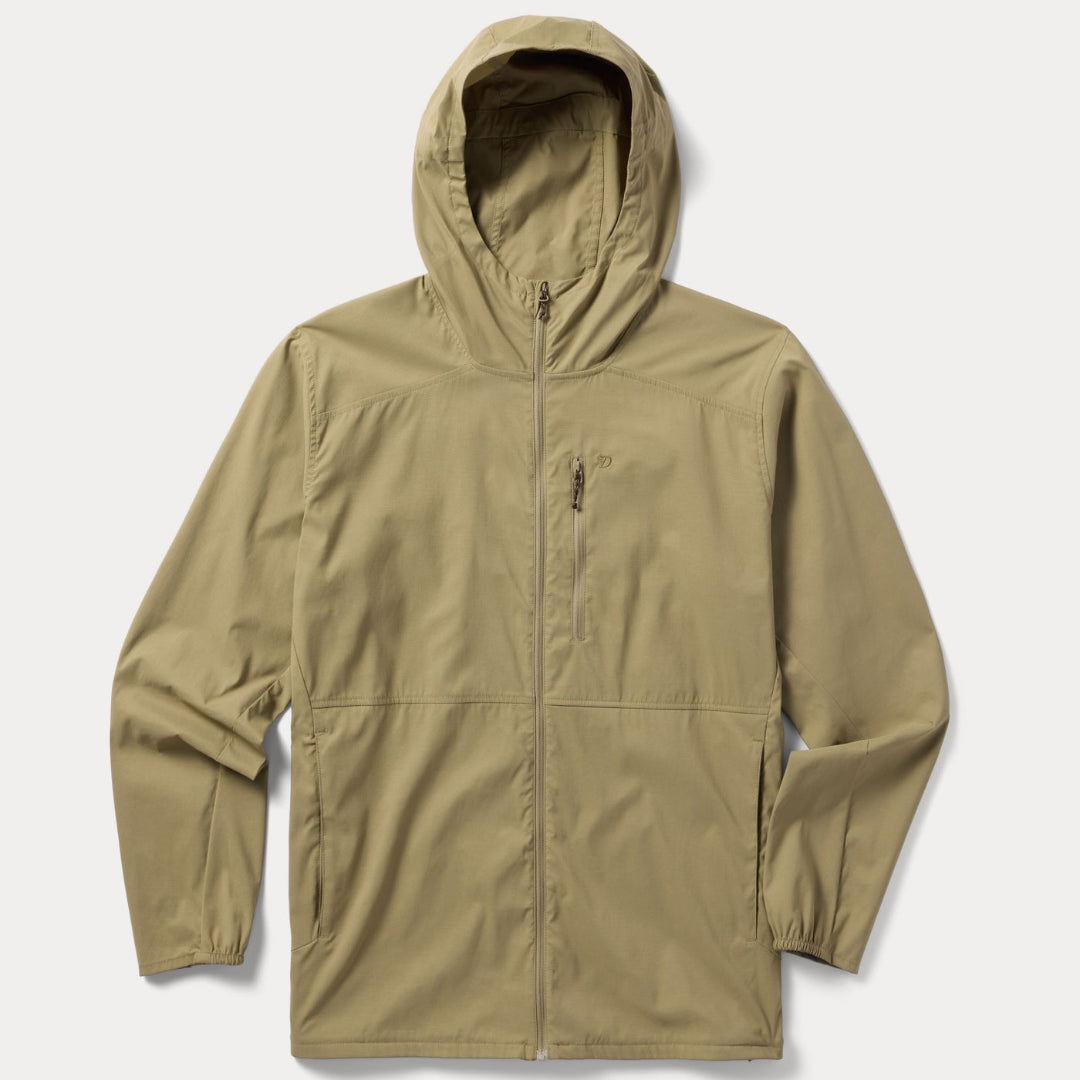 A hooded zip-up jacket in a light khaki or sand color, displayed flat against a light gray background.