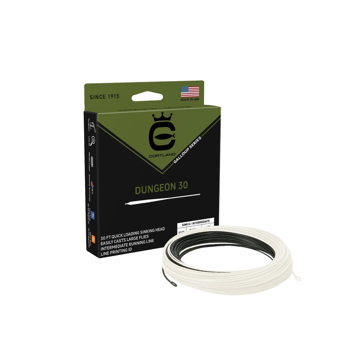 Cortland Dungeon 30 fly fishing line packaging with line displayed on a white background