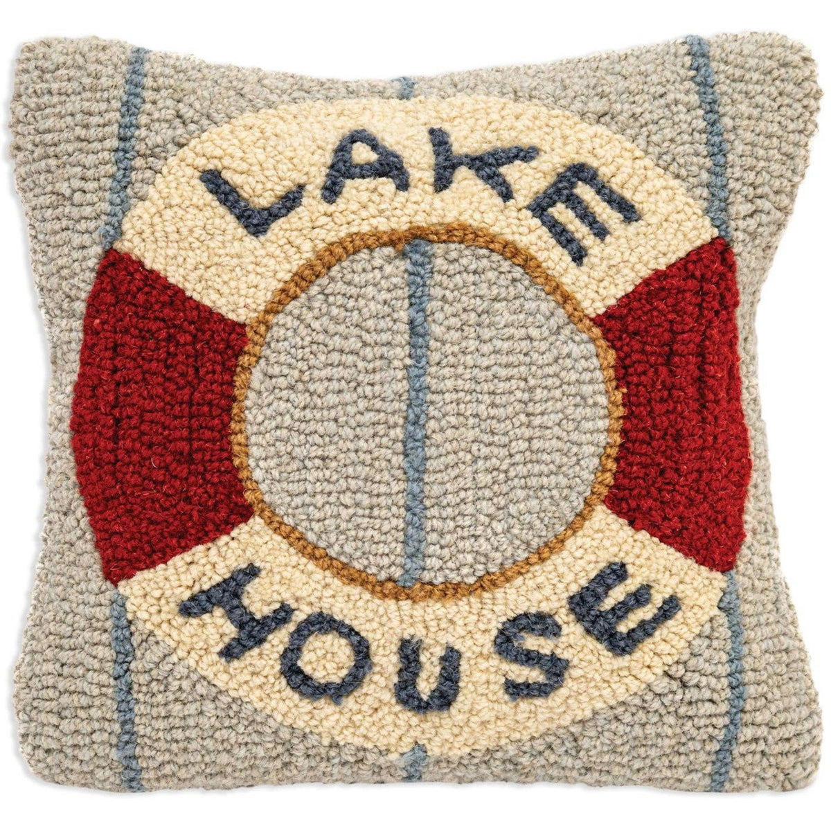 Decorative pillow with 'Lake House' text and life buoy design on a gray background