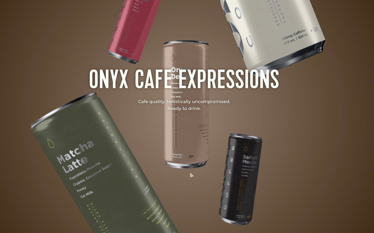 Onyx Cafe Expressions ready-to-drink latte cans — Chai Latte, Matcha Latte, Onyx Delight, and Salted Mocha — floating against a warm brown background