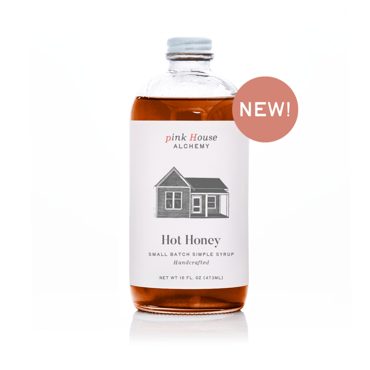 Bottle of 'Hot Honey' from Pink House Alchemy with a 'New!' label on a white background