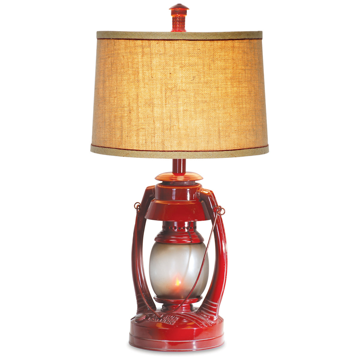 A table lamp designed to look like a red lantern with a beige fabric drum shade, shown against a plain white background.