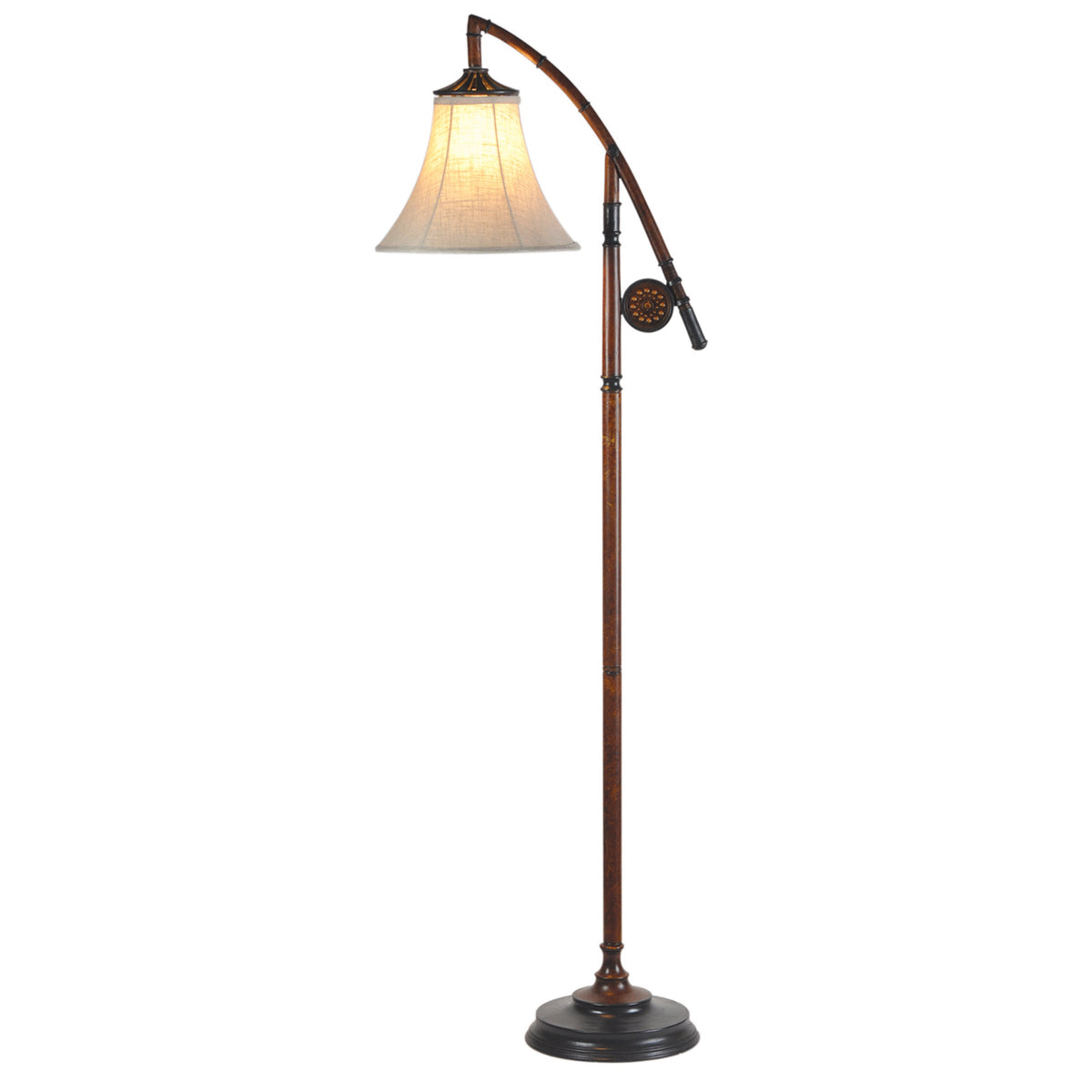 An arched floor lamp with a dark bronze metal frame, a warm glowing conical shade, and a round base, shown against a plain white background.