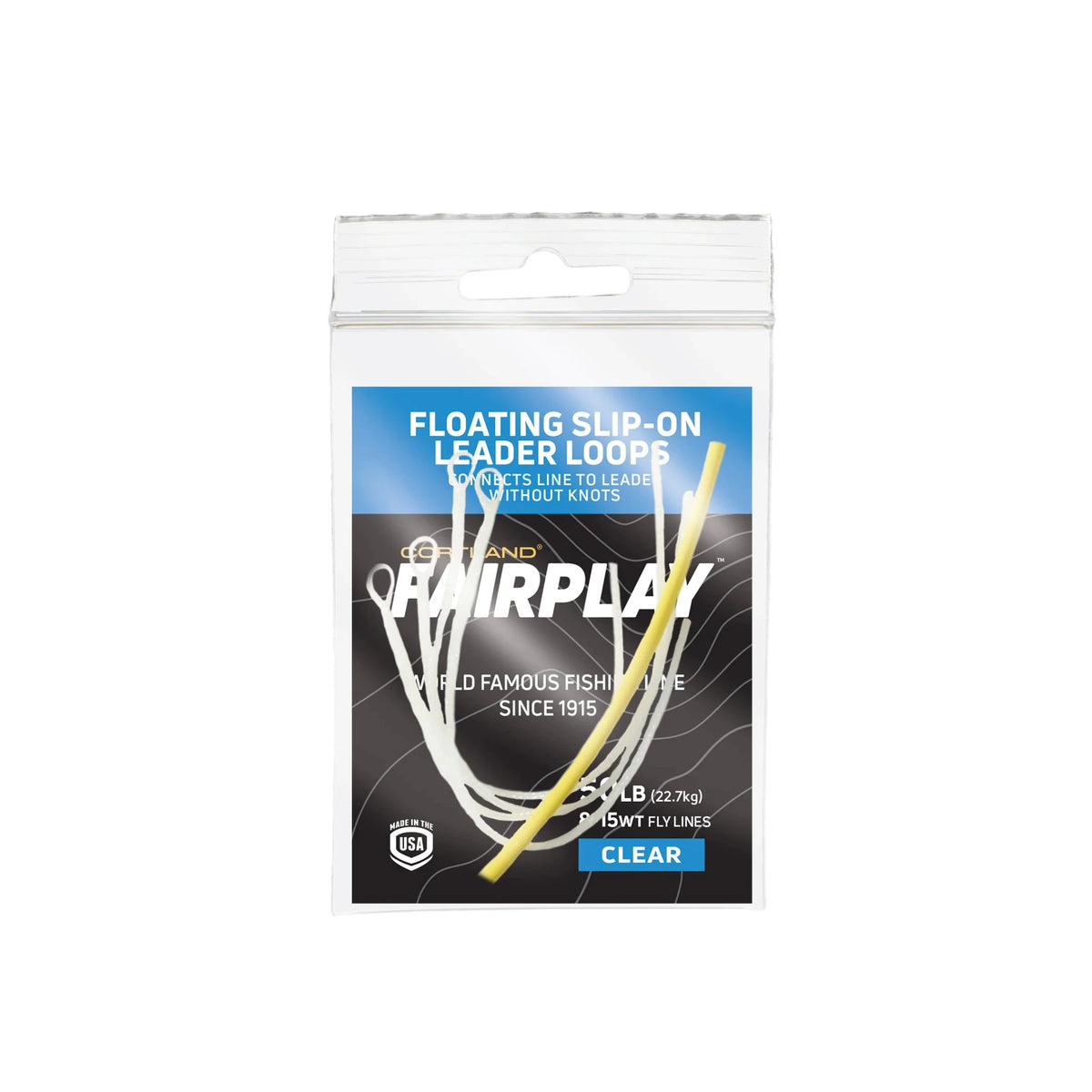 Package of fishing leader loops with clear material on a white background