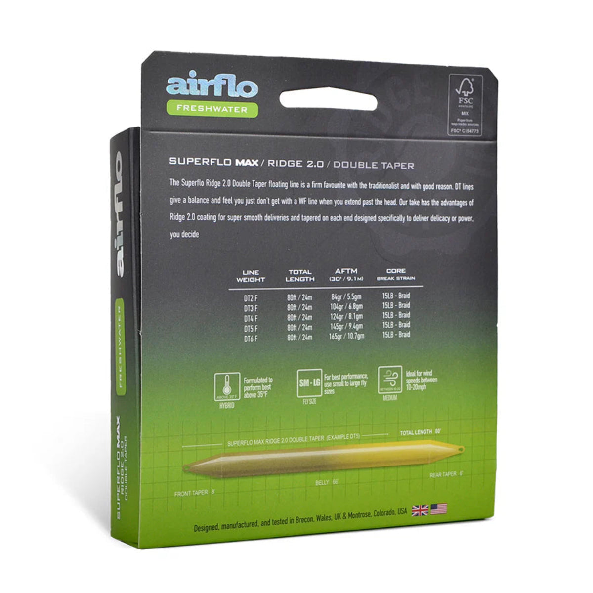 Airflo fishing line packaging with product details on a white background