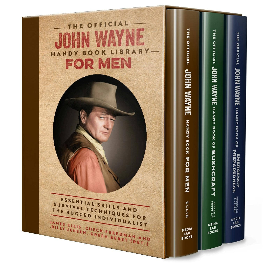 Set of books titled 'The Official John Wayne Handy Book Library for Men' on a white background