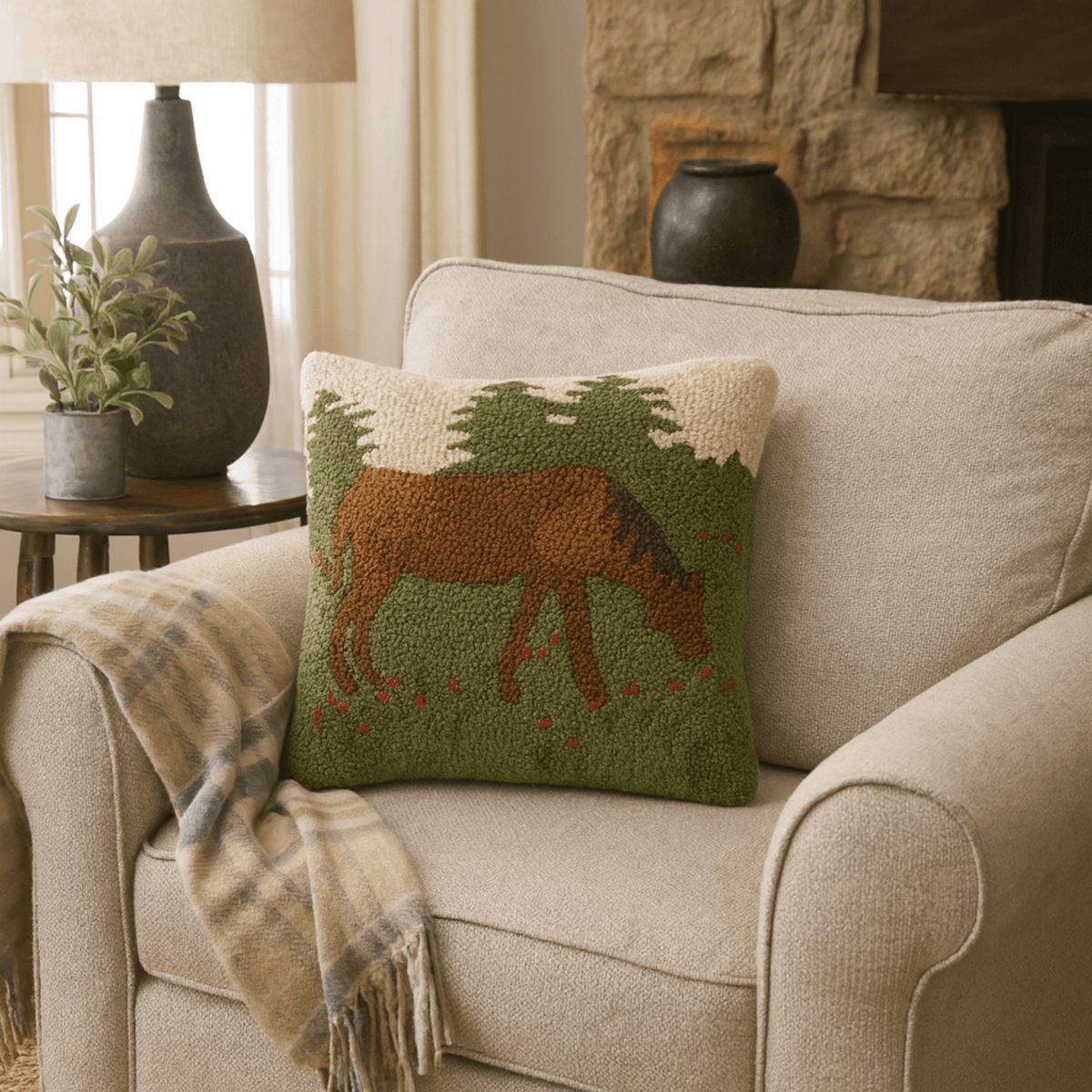 Bay Horse 14x14 Hand - Hooked Wool Pillow - Fish On! Custom Rods