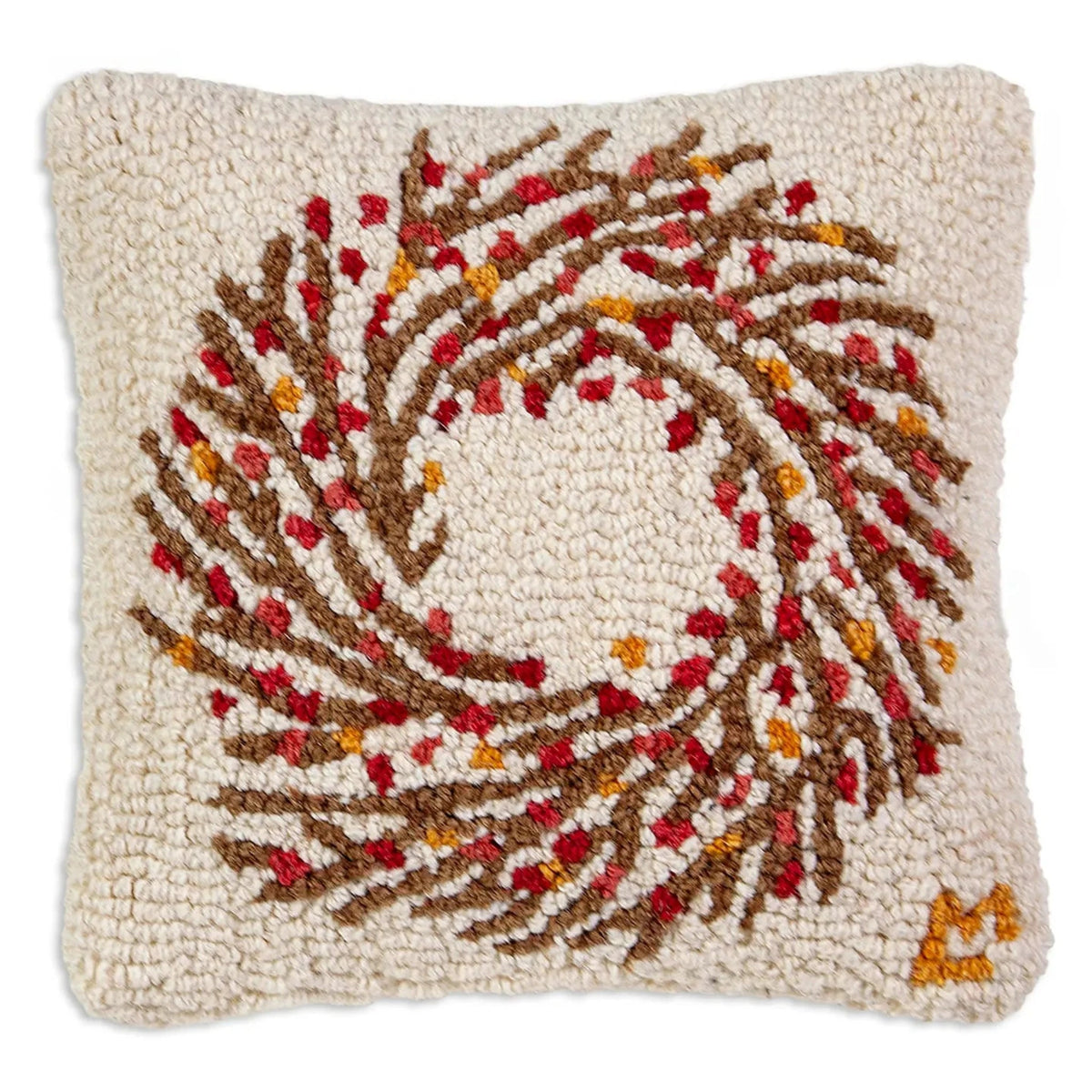 Bittersweet Wreath Pillow 14" X 14" Hand - Hooked Wool Pillow - Fish On! Custom Rods