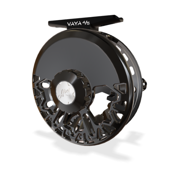 A black Vaya 4/5 fly fishing reel with a textured open-frame body and a silver dial, shown on a white background with a soft shadow.