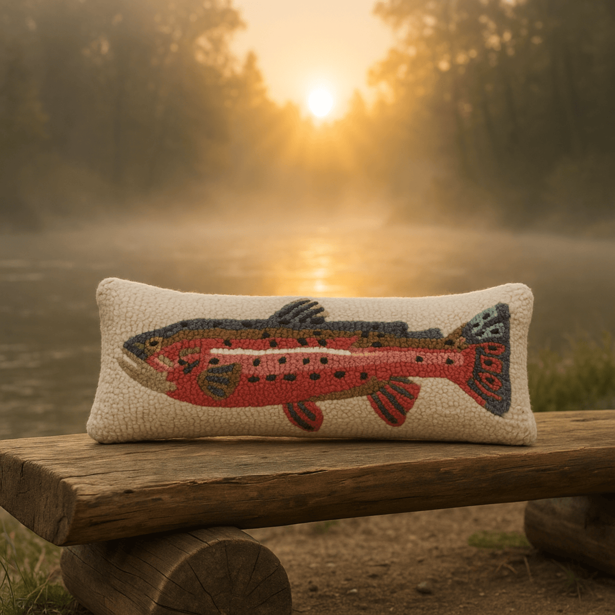 Bright Trout Hand - Hooked Wool Pillow - 8x24 Decorative Throw Pillow - Fish On! Custom Rods
