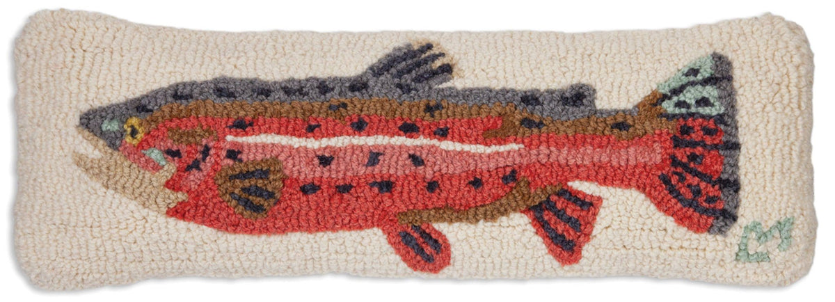 Bright Trout Hand - Hooked Wool Pillow - 8x24 Decorative Throw Pillow - Fish On! Custom Rods