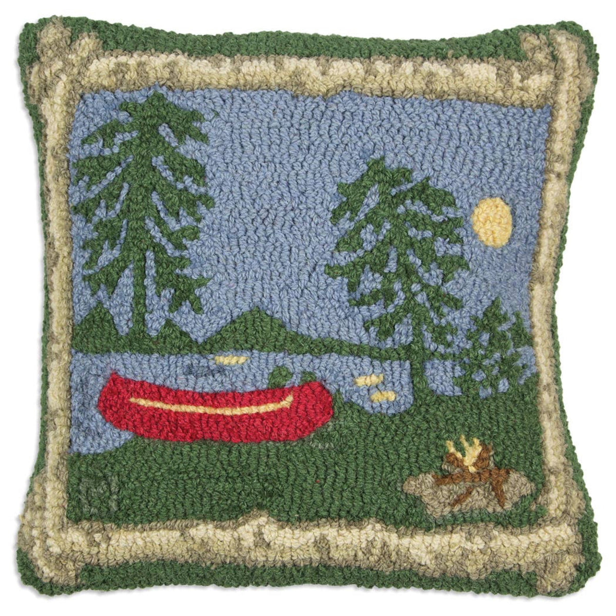 Campfire Hand Hooked Wool Throw Pillow 18" x 18" - Fish On! Custom Rods