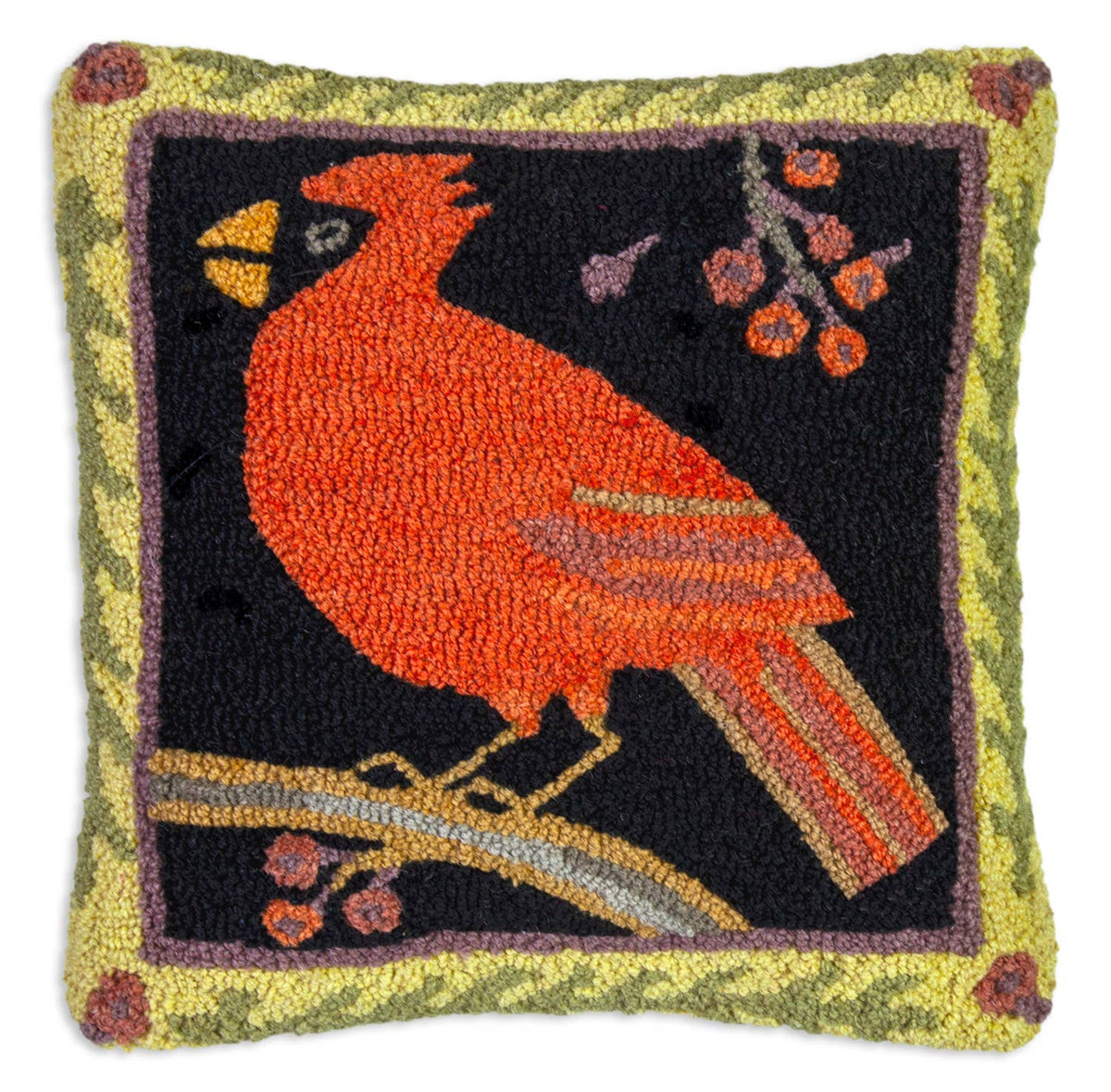 Cardinal and Berries Hand - Hooked Wool Pillows 18" x 18" - Fish On! Custom Rods