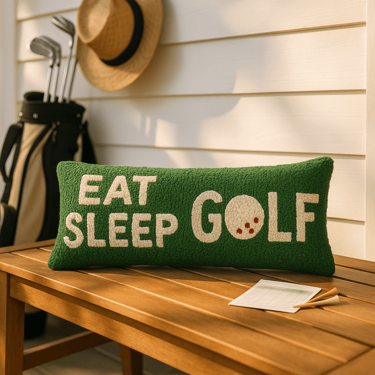 Eat Sleep Golf Hand - Hooked Wool Pillow - Premium Golf Decor 8" X 24" - Fish On! Custom Rods