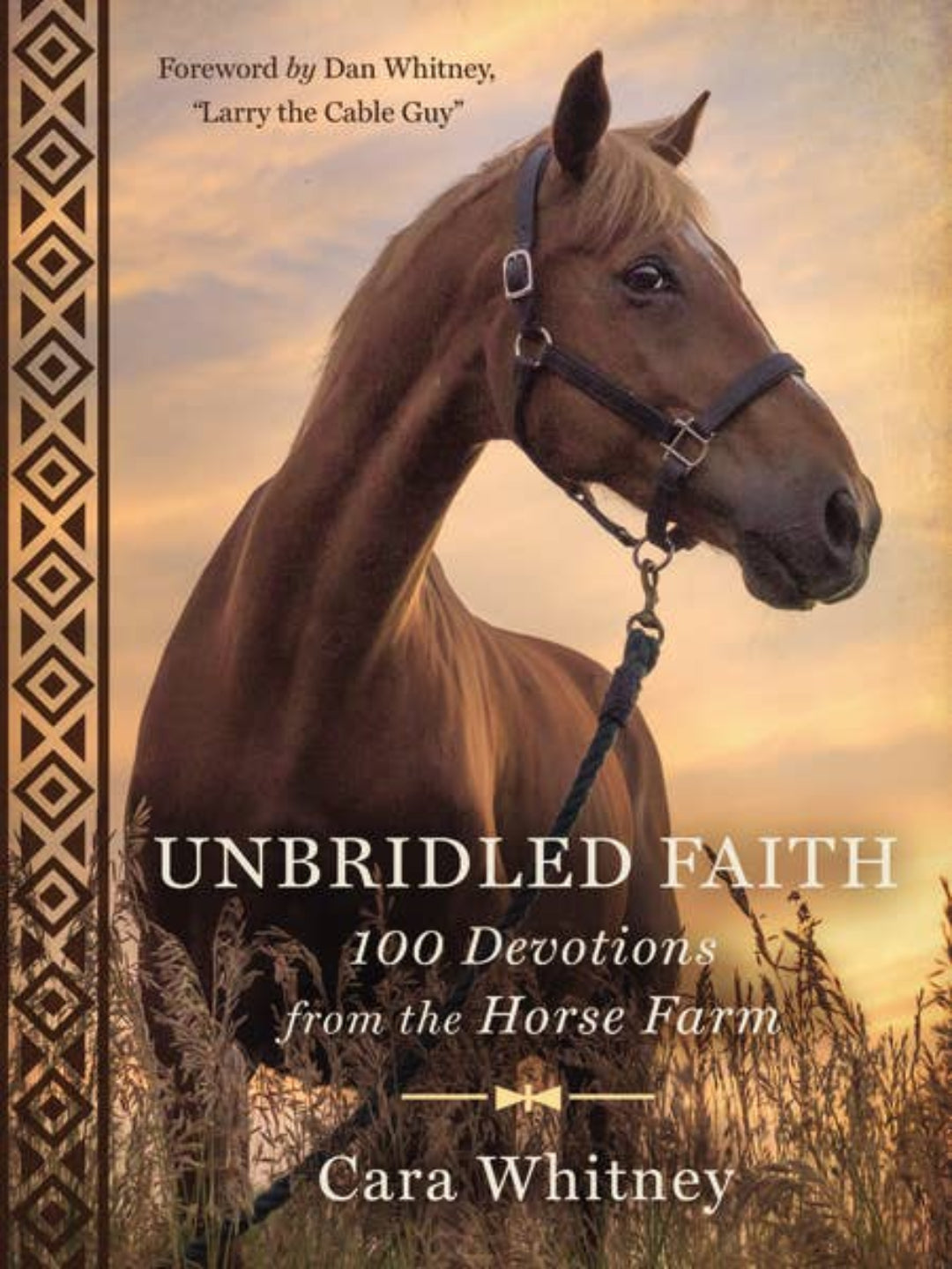 Book cover for 'Unbridled Faith: 100 Devotions from the Horse Farm' by Cara Whitney, featuring a brown horse in profile against a warm sunset sky, with decorative border elements and title text.