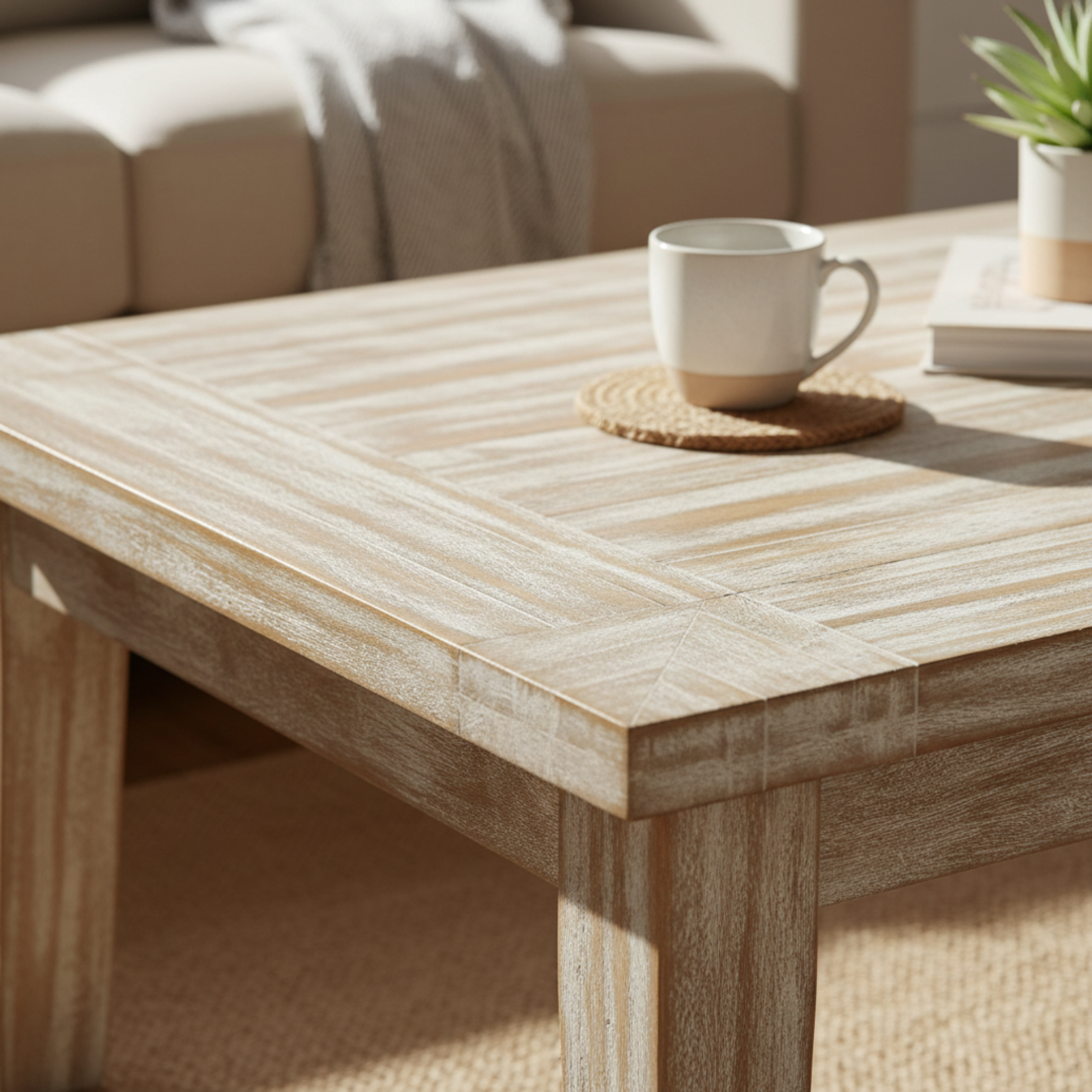 Close-up of whitewash finish and mango wood grain on the coffee table