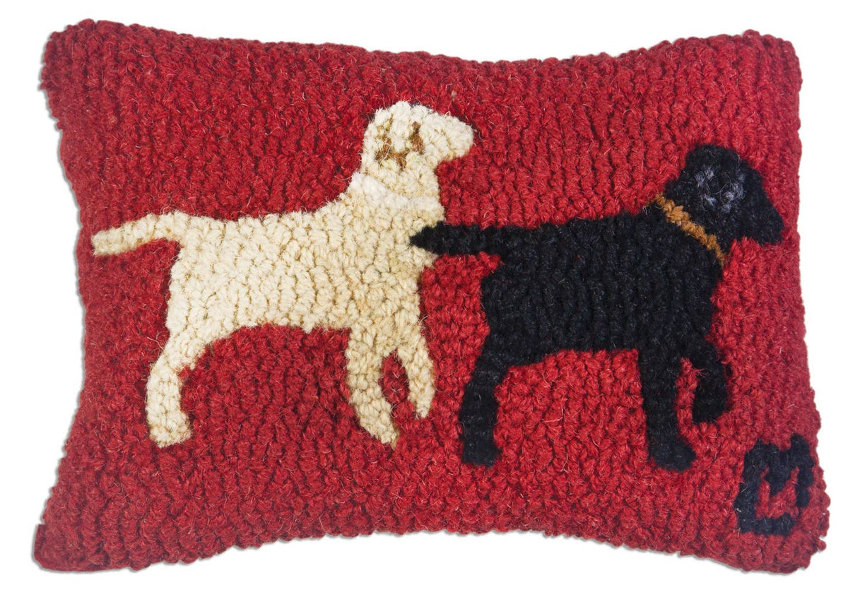 Lab Buddies - Hand - Hooked Wool Pillow 8 x 12 - Fish On! Custom Rods