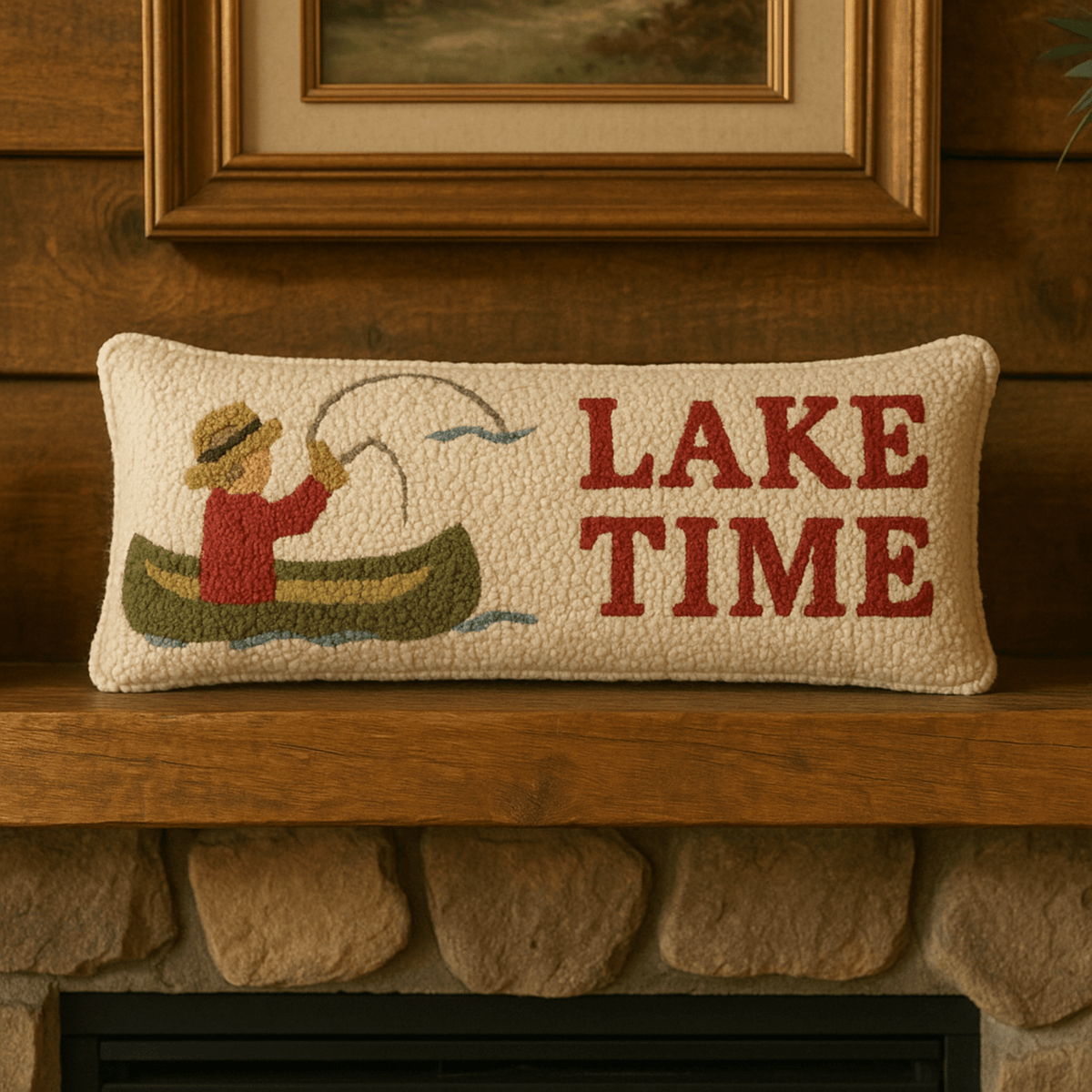 Lake House Lumbar Pillow - Hand - Hooked Wool 8x24K - Fish On! Custom Rods